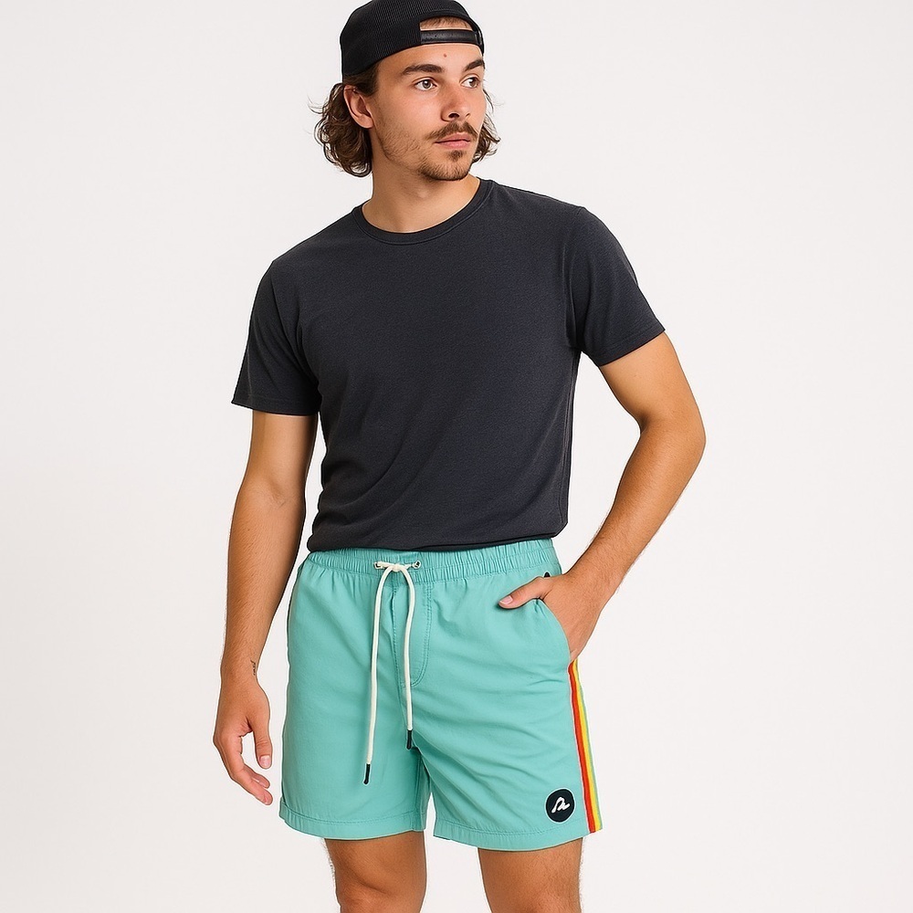 Quiksilver Retro Swim Trunks — Aqua w/ Rainbow Stripe (M) Surf Board Shorts